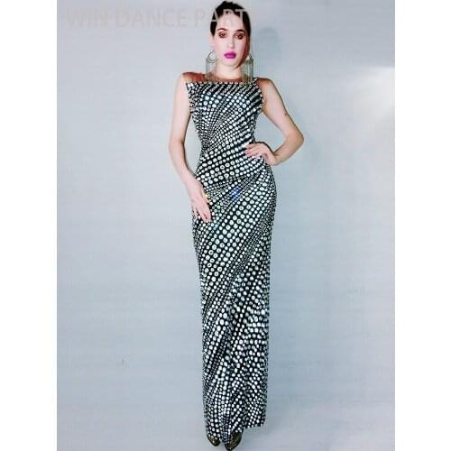 Sparkly Full Rhinestones Sleeveless Long Dress Women Birthday Celebrate Prom Evening Party Bodycon Dresses Singer Stage Costume