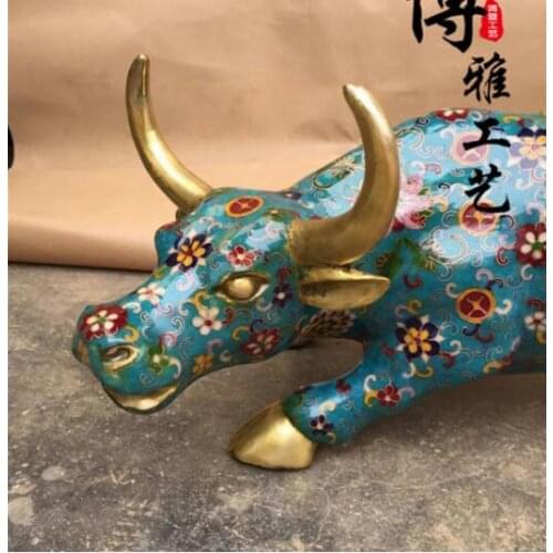 Chinese Feng Shui Bronze Copper Cloisonne Wealth RuYi Coin Ox Bull Statue