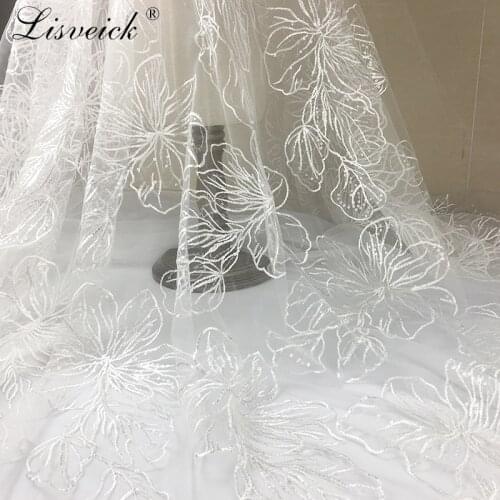 1yard white flowers hollow Net yarn fabric Sequin embroidery lace mesh fabric wedding dress skirt cloth DIY garment accessories