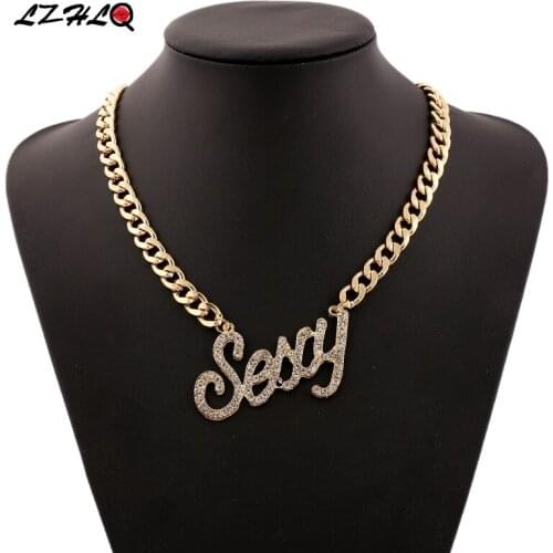 LZHLQ Trendy Word Pendant Necklace Women Thick Metal Rhinestone Necklace Fashion Sexy Brand Clavicle Chain Jewelry Accessories