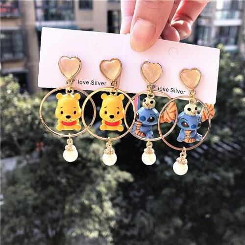 Disney Anime Accessories Winnie The Pooh Yellow Fashion Girls Dangle Earrings Blue Stitch Cute Women Decoration Ear Drops