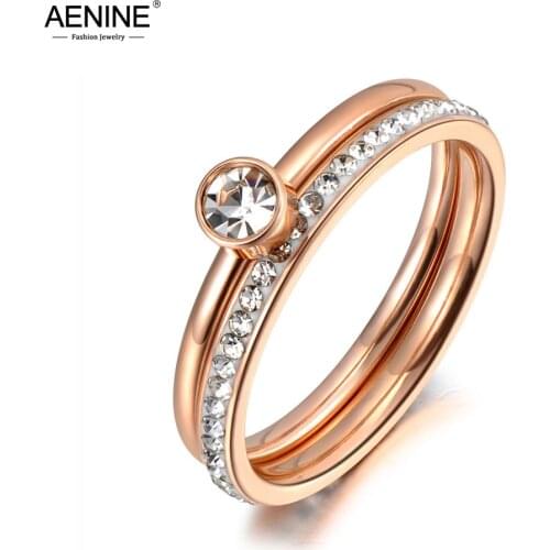 AENINE Trendy 2 In 1 Rose Gold Cubic Zirconia Rings Jewelry Titanium Stainless Steel Wedding Engagement Ring For Women AR19065