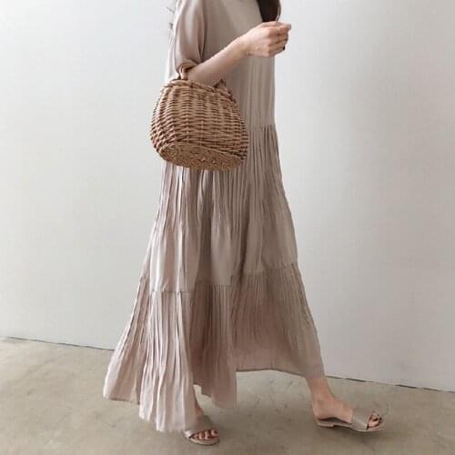 2021 new summer womens solid color round neck literary cotton and linen loose pleated short-sleeved carefully machined dress