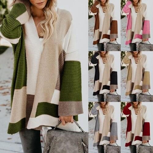 2021 autumn and winter new sweater women European and American large size loose geometric color matching sweater cardigan