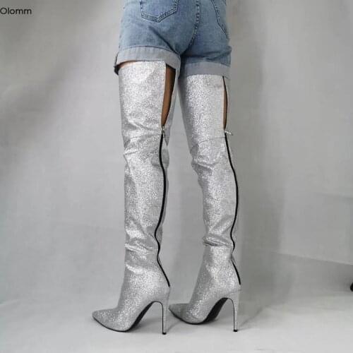 Olomm Handmade Women Thigh High Bling Boots Stiletto Heels Boots Pointed Toe Gorgeous Silver Club Shoes Women Plus US Size 5-15