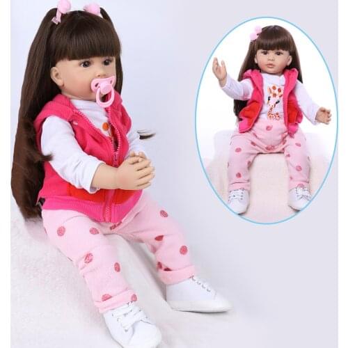 24 Inch 60 Cm Realistic Reborn Baby Doll Soft Silicone Vinyl Simulation Pretty Long Hair Open Eyes Girl Toy Kids Gift