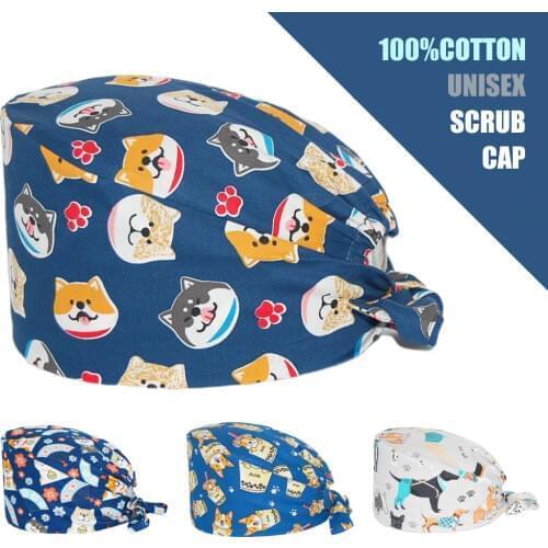 2020 Surgicals Caps Cotton Adjustable Lab Health Scrubs Hat Dog Printing Lab Pet Working Hats Health Service Staff Nursing Caps