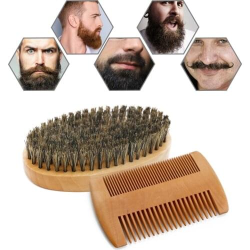 Men Boar Bristle Beard Mustache Combs Hair Brush Wood Handle Boar Mustache Styling Detangling Straightener For Facial Beard Comb