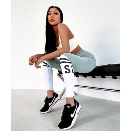 Girl Fitness Pants Womens Slim High Waist Peach Hip Gym Leggings Contrast Color Stitching Letter Printing Quick-dry Yoga Pants