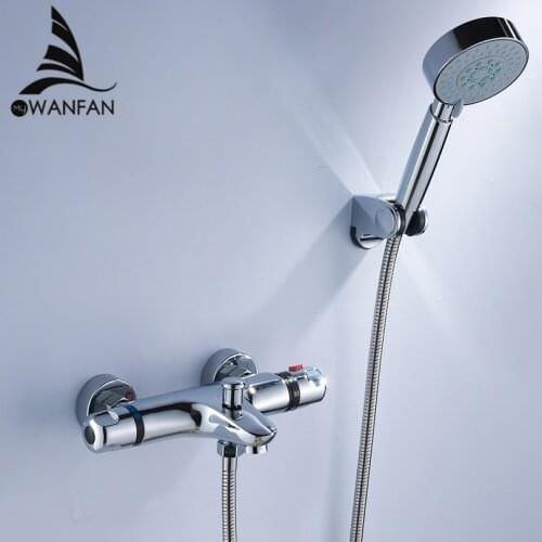 Shower Faucets Brass Chrome Silver Bathroom Thermostatic Shower Faucet Handheld Wall Mount Bathtub Shower Mixer Tap Set WF-18047