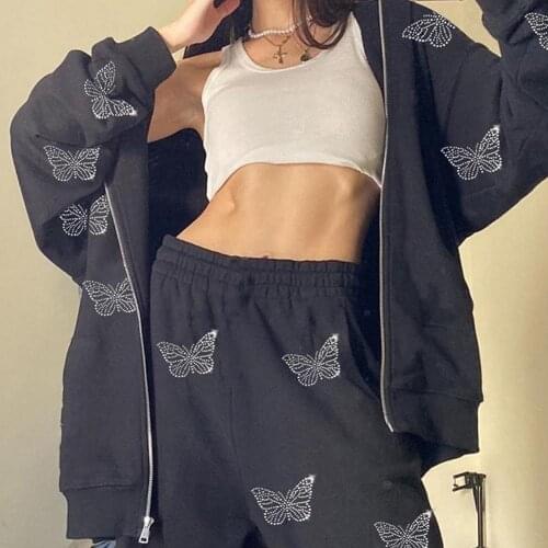 Y2K Fashion Rhinestone Zipper Oversized Hoodies E-girl Vintage Solid Letter Long Sleeve Black Sweatshirts Autumn Outfits moletom