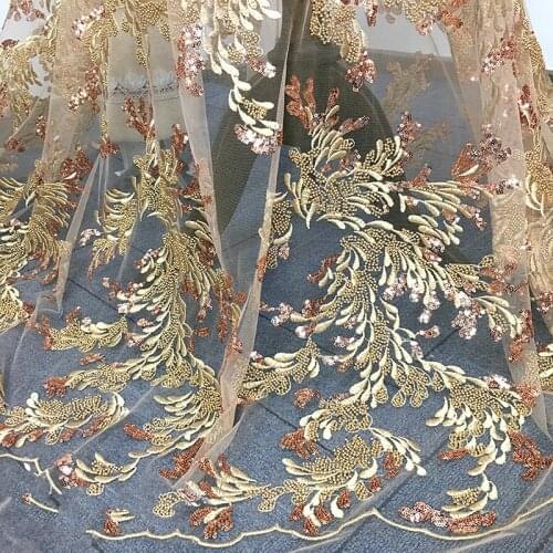 GLace 1Y/Lot Champagne Gold Beaded Sequins Lace Embroidery Fabric mesh lace Flower Sticker Dress DIY Material TX920