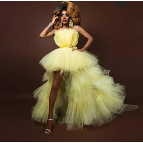 Yellow High Low Tulle Prom Gowns Off The Shoulder Ruffles Tiered King Formal Party Dresses Vestido De Mulher