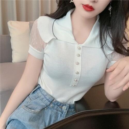 Women Sweet Ruffles Peter Pan Collar Short Sleeve Knitted T-shirts Tops Lady Patched Mesh Tshirt Pullovers Crop Tops For Girls