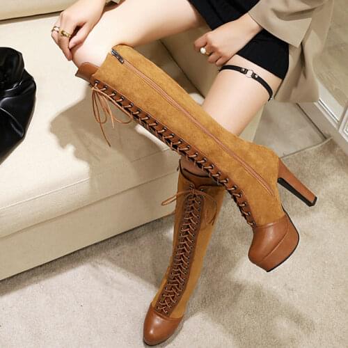 Black Yellow Flock Knee High Heel Boots Autumn Platform Women Boots Square High Heel Long Boots Zipper Winter Fashion Shoes
