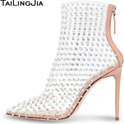 Transparent Boots With Studs High Heel Clear Ankle Boots Women Studded Heeled Booties With Spikes Ladies Autumn Shoes 2020 Boot