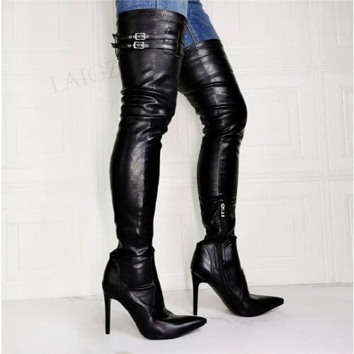 BERZIMER Women Thigh High Boots Faux Leather Side Zip High Heels Pointy Toe Boots Ladies Party Shoes Woman Big Size 44 45 46 47