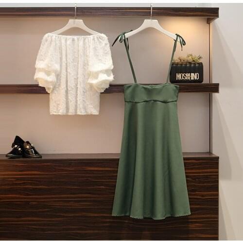 2021 Summer New Women Sets Oversized Sexy Overalls Dress + White Batwing Sleeve Blouse Two Piece Strap Shirt Suit KE989