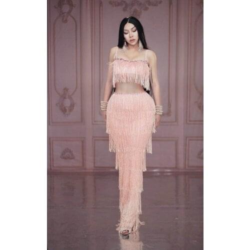 Women Prom Wedding Party Birthday Dress New Pink Tassel Sleeveless Long Dress Fringes Rhinestones Bodycon Dance Costume