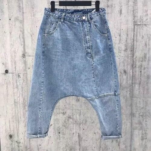 2021 Hot Sale Personality Solid Color Harem Fade Lightweight Denim Trousers Pants Asymmetry Women Drop Crotch Jeans
