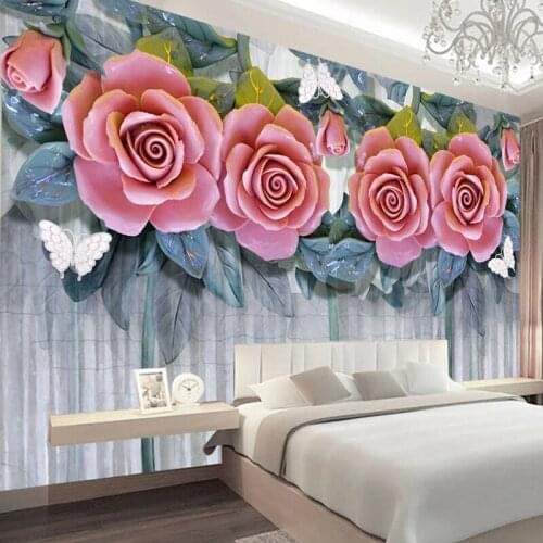 3D Stereoscopic Brick Wall Papers Custom Any Size Murals Embossed Pink Flower Leaves Wallpaper TV Background Decor Papier Peint