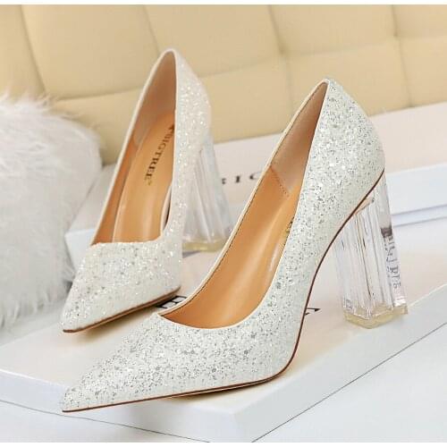 BIGTREE Woman Sexy Pointed Toe Pumps Transparent Crystal Heel High Heels Shoes Female Nightclub Glitter Ladies Office Shoes