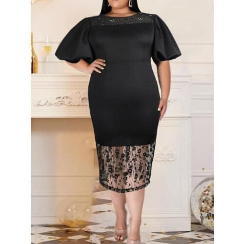 Black Plus Size Dresses 4XL Short Lantern Sleeve Lace Patchwork O Neck Office Lady Birthday Evening Occasion Dress Dropshipping