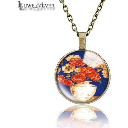 Flower Necklace 683 25mm Bronze 30mm Wood Rhinestone Double-sided Moon Round Glass Pendant For Women Gift
