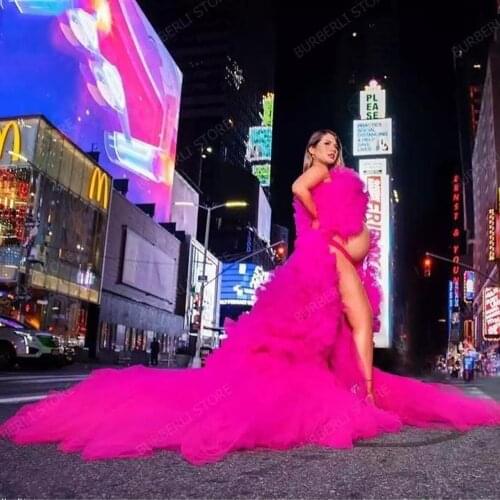Gorgeous Fuchsia High Low Long Tulle Robe For Pregnant Women To Photo Shoots Puffy Ruffles Women Dresses Vestidos