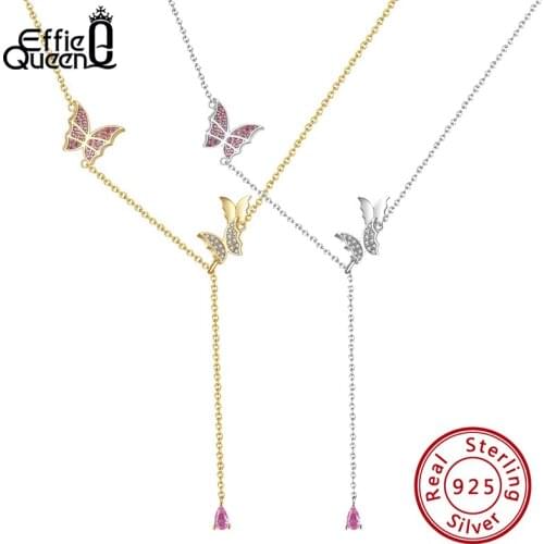 Effie Queen Real 925 Sterling Silver Butterfly Necklaces Long Line Drop Zirconia Necklace for Women Ladies Girls Gifts SN290