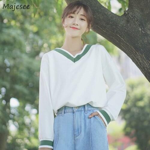 T-shirts Women Long Sleeve White V-neck Patchwork Preppy Style Teens Workout Casual Simple All-match Female Korean Students Chic