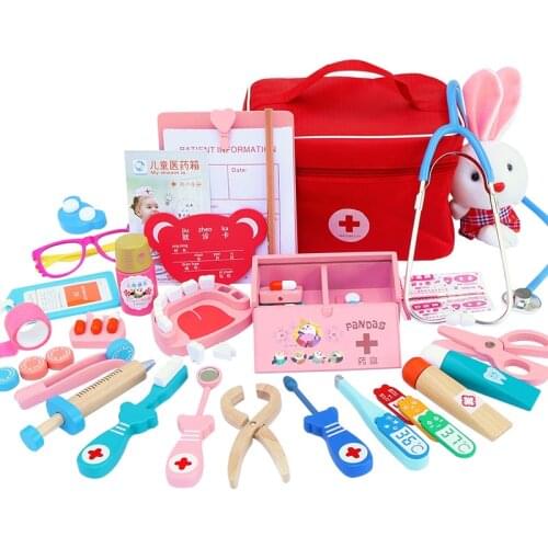 Toys for Children Girl Boy Kids Pretend Play Wood Doctor Toys Red Medical Kit Dentist Medicine Box Sets Cloth Bag Packing Games