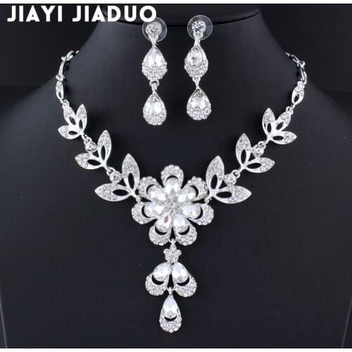 Jiayijiaduo Simple Bridal jewelry sets Crystal Flowers Silver color necklace/earring set for women clothing wedding accessories