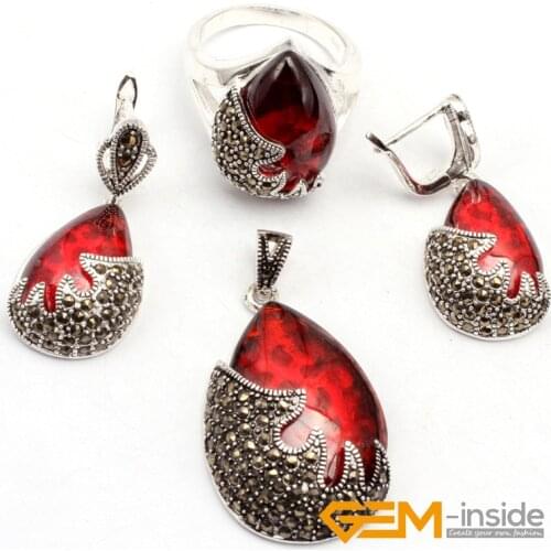 Jewelry Sets: Red Crystal & Antiqued Tibetan Silver: Ring Earrings Pendant Classical Jewelry For Party Gifts