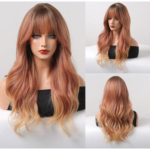 Ombre Brown Synthetic Wigs with Full Bangs Natural Long Wavy Wigs for Black Women Heat Resistant Fiber Cosplay Wigs Daily Party