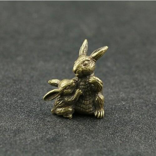 Retro Handmade Mini Pure Copper Artwork Mother and Child Rabbit Copper Carving Ornaments Brass Rabbit Hand Pieces Home Artwork