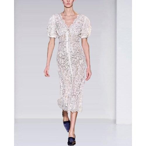 Fashion Designer Party dress Women Elegant Crystal Button Lace Bodycon Party Midi Dresses Summer V neck Sexy Lace vestidos