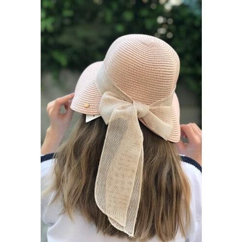 2021 Summer Women Big Bow Sun Powder Pink Bow Hat Style Vintage Design Wide Side Straw Hat Solid Color Anti-UV Holiday Beach Hat