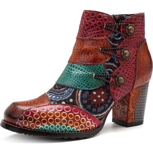 Socofy Vintage Splicing Printed Ankle Boots For Women Shoes Woman Genuine Leather Retro Block High Heels Women Boots 2020