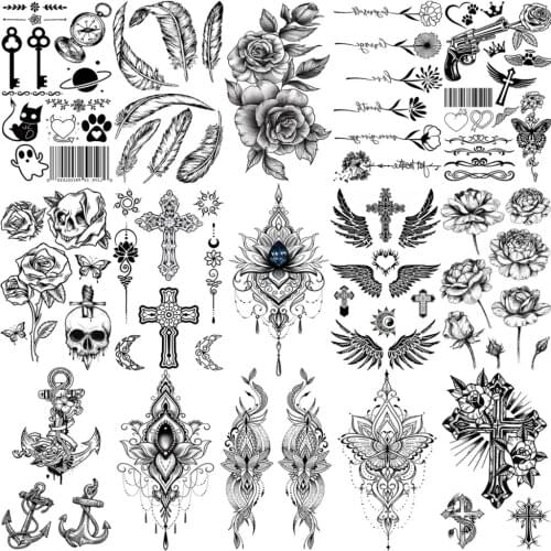 Black Lotus Pendant Cross Temporary Tattoos For Women Adult Men Rose Flower Feather Mandala Fake Tattoo Body Art Washable Tatoos