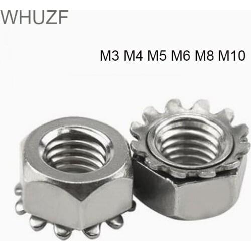 WHUZF 10//20/50pcs K-Lock Nut M3 M4 M5 M6 M8 K-type Gear K Lock Nuts 304 Stainless Steel Keps Nuts Toothed Polydentate Hex K Nut