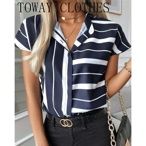 Women Summer Turn-down Collar Striped Print Colorblock Short Sleeve Top Blouses and Shirts