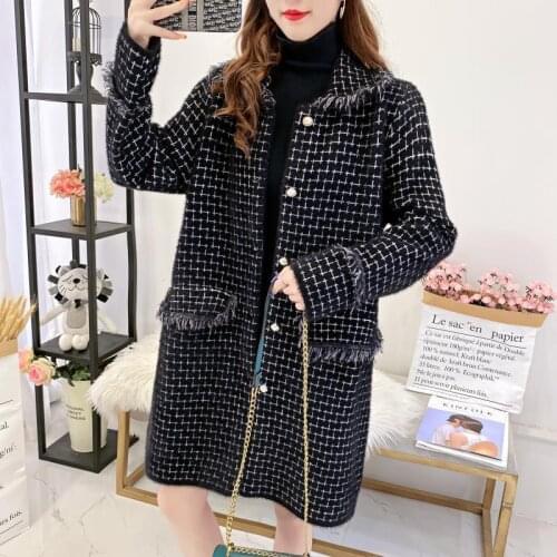 Women 2021 Autumn Winter New Imitation Mink Velvet Jackets Female Long Cardigan Coats Ladies Loose Plaid Knitted Outwear Y731