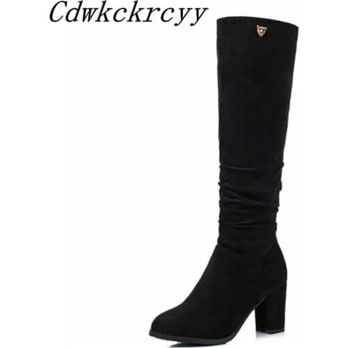 Women Boots Autumn and winter New style fashion Suede Round head Coarse heel knee length High Boots plus size 34-43