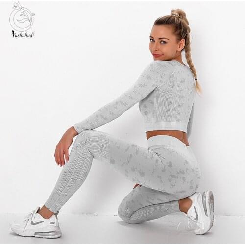 Women 2pcs Seamless Yoga Set Sports Suit Gymwear Workout Clothes Long Sleeve Gym Crop Top High Waist Leggings Fitness Sport Wear
