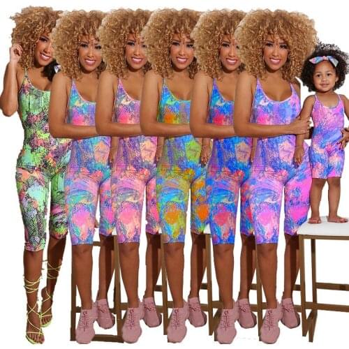 Womens Bodysuit romper 2021 new printed halter tight sexy one-piece parent-child suit One-piece leggings jumpsuit sports jumpsu