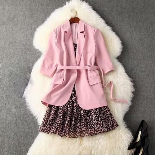 Newest HIGH QUALITY 2021 Fashion Designer Womens Turn-Down Collar Solid Summer Blazer Sweet Heart Printed Strap Dress Suit Set