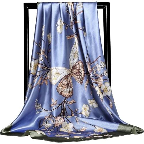 New 2021 Fashion Elegant plant flowers butterfly silk scarf lady 90cm generous towel muslim headscarf silk scarves women scarf