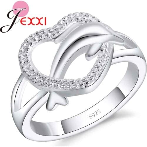 Clear 100% 925 Sterling Silver Dolphin Hollow Heart Low Key Exquisite Design Active Female Girl Jewelry Accessories Rings