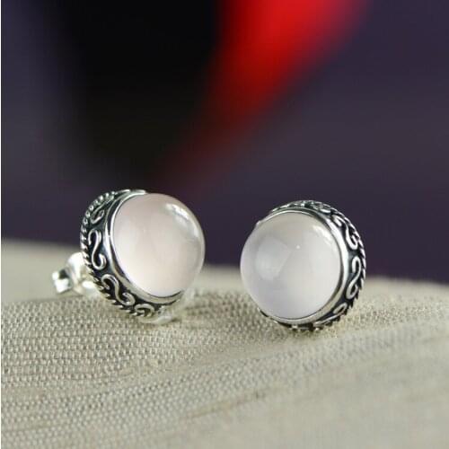 2018 Direct Selling S925 Mosaic Jewelry Wholesale Original Antique Round Natural Crystal Powder Hibiscus Stone Ear Nail Female